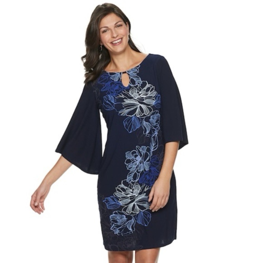 Dana Buchman Blue Floral Shift Bell Sleeves Dress size M